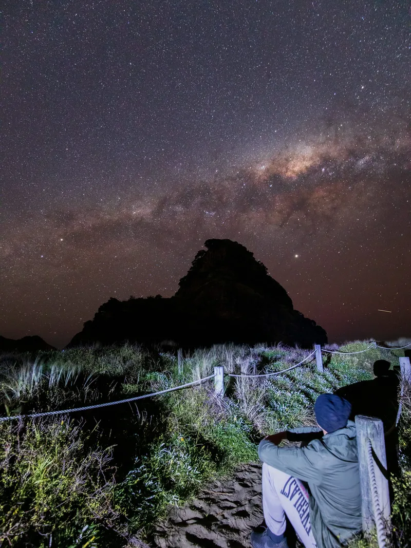 A person sitting beside a rope-fenced coastal track at night, watching the Milky Way rise over a dark headland